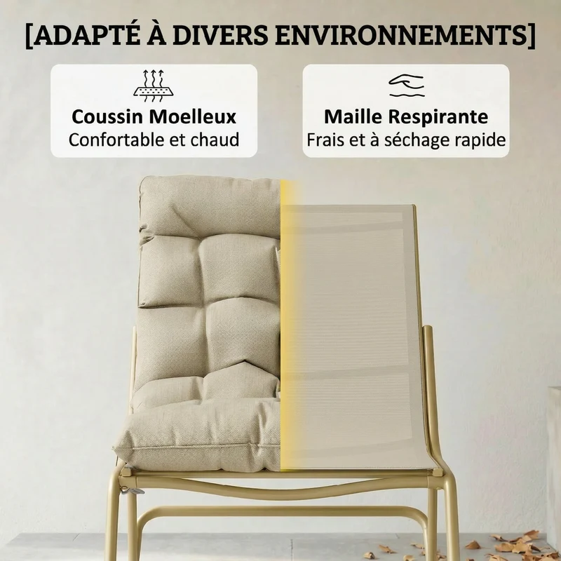 Fauteuil à bascule extérieur dossier incurvé 70 x 113 x 76 cm assise 64 cm coussin moelleux scandinave en acier kaki 21_0005377