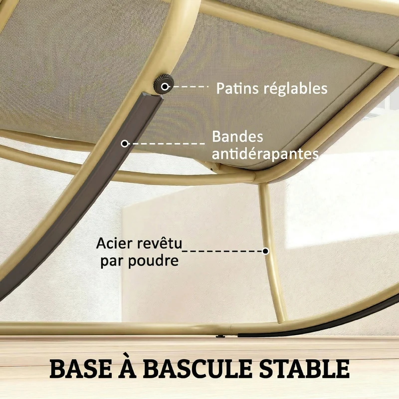 Fauteuil à bascule extérieur dossier incurvé 70 x 113 x 76 cm assise 64 cm coussin moelleux scandinave en acier kaki 21_0005377