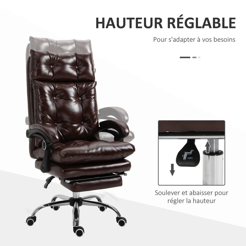 Fauteuil de bureau ergonomique 70 x 72 x 121 cm dossier inclinable repose-pieds rétractable moderne design en PU marron 21_0006165