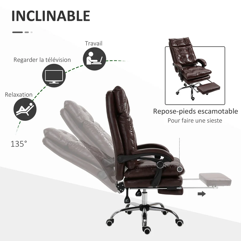 Fauteuil de bureau ergonomique 70 x 72 x 121 cm dossier inclinable repose-pieds rétractable moderne design en PU marron 21_0006165