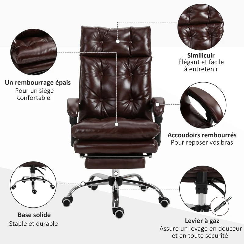 Fauteuil de bureau ergonomique 70 x 72 x 121 cm dossier inclinable repose-pieds rétractable moderne design en PU marron 21_0006165