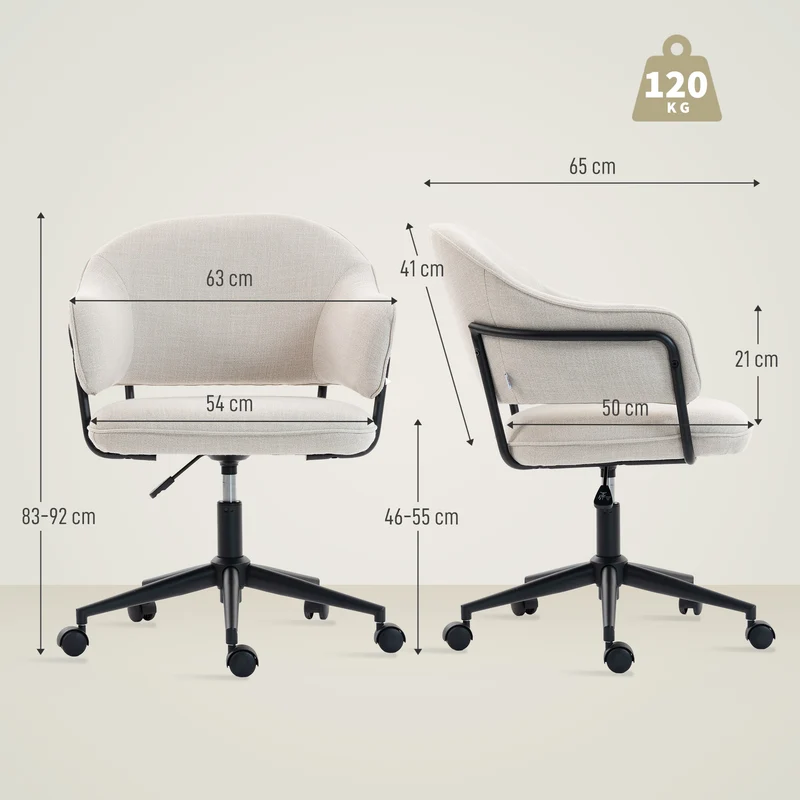 Chaise de bureau 63 x 65 x 83-92 cm hauteur réglable pivotant 360° assise respirante moderne contemporain en lin crème 21_0006323
