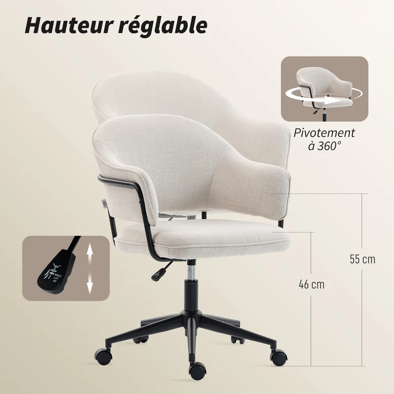 Chaise de bureau 63 x 65 x 83-92 cm hauteur réglable pivotant 360° assise respirante moderne contemporain en lin crème 21_0006323