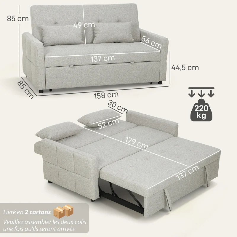 Canapé convertible 2 places 158 x 85 x 85 cm dossier 3 positions lit gigogne salon moderne cosy en tissu marron clair 21_0003604