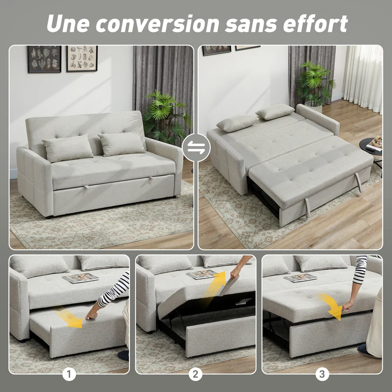 Canapé convertible 2 places 158 x 85 x 85 cm dossier 3 positions lit gigogne salon moderne cosy en tissu marron clair 21_0003604