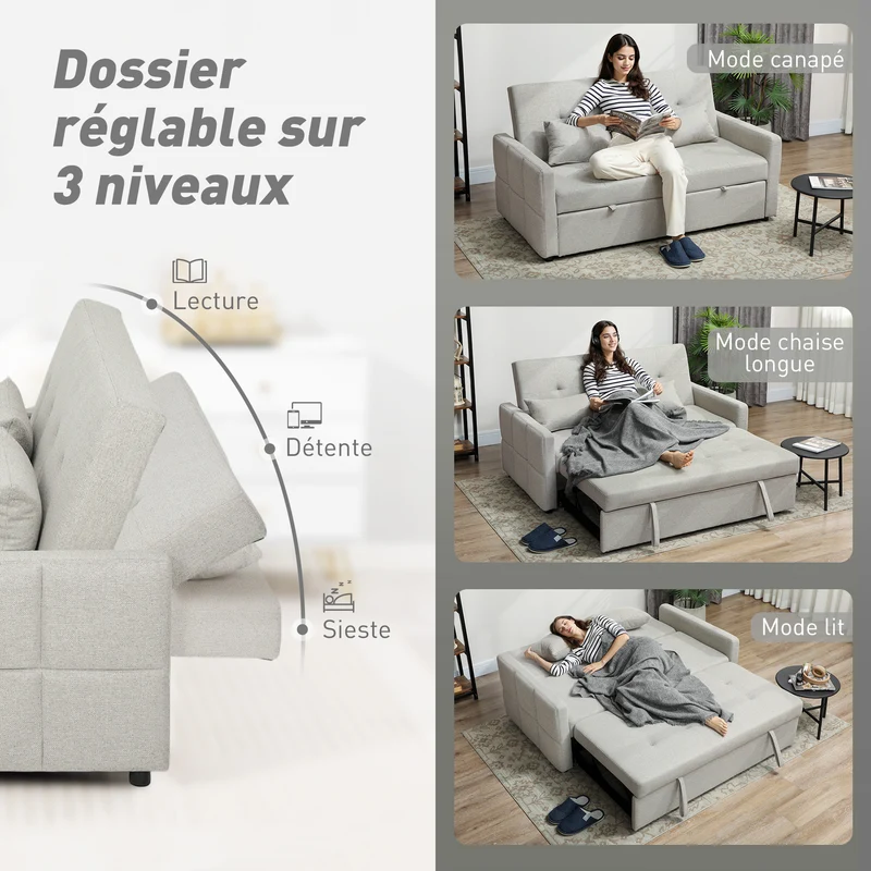 Canapé convertible 2 places 158 x 85 x 85 cm dossier 3 positions lit gigogne salon moderne cosy en tissu marron clair 21_0003604