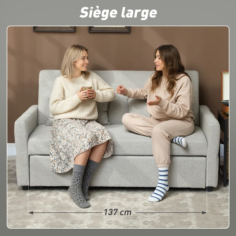 Canapé convertible 2 places 158 x 85 x 85 cm dossier 3 positions lit gigogne salon moderne cosy en tissu marron clair 21_0003604