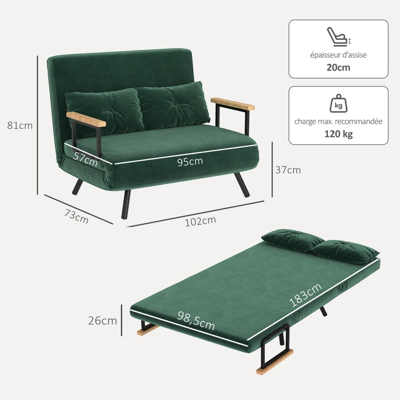 Canapé convertible 2 places 102 x 73 x 81 cm 4 en 1 dossier 5 positions moderne contemporain salon chambre en tissu vert 21_0003142
