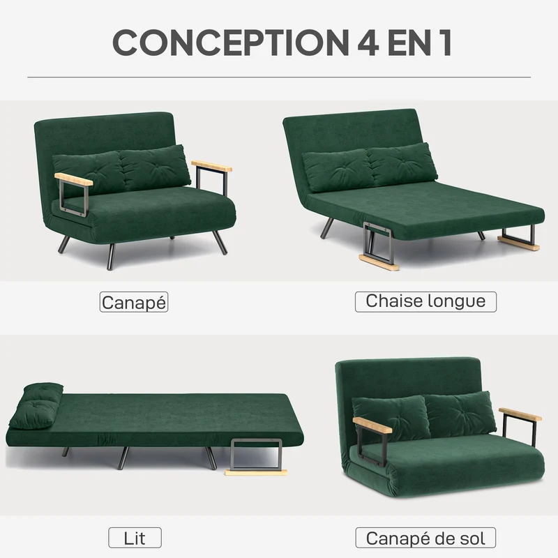 Canapé convertible 2 places 102 x 73 x 81 cm 4 en 1 dossier 5 positions moderne contemporain salon chambre en tissu vert 21_0003142