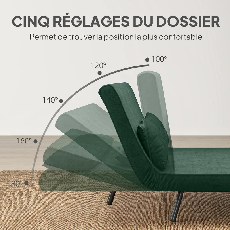 Canapé convertible 2 places 102 x 73 x 81 cm 4 en 1 dossier 5 positions moderne contemporain salon chambre en tissu vert 21_0003142