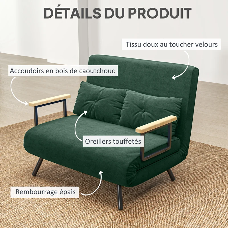 Canapé convertible 2 places 102 x 73 x 81 cm 4 en 1 dossier 5 positions moderne contemporain salon chambre en tissu vert 21_0003142