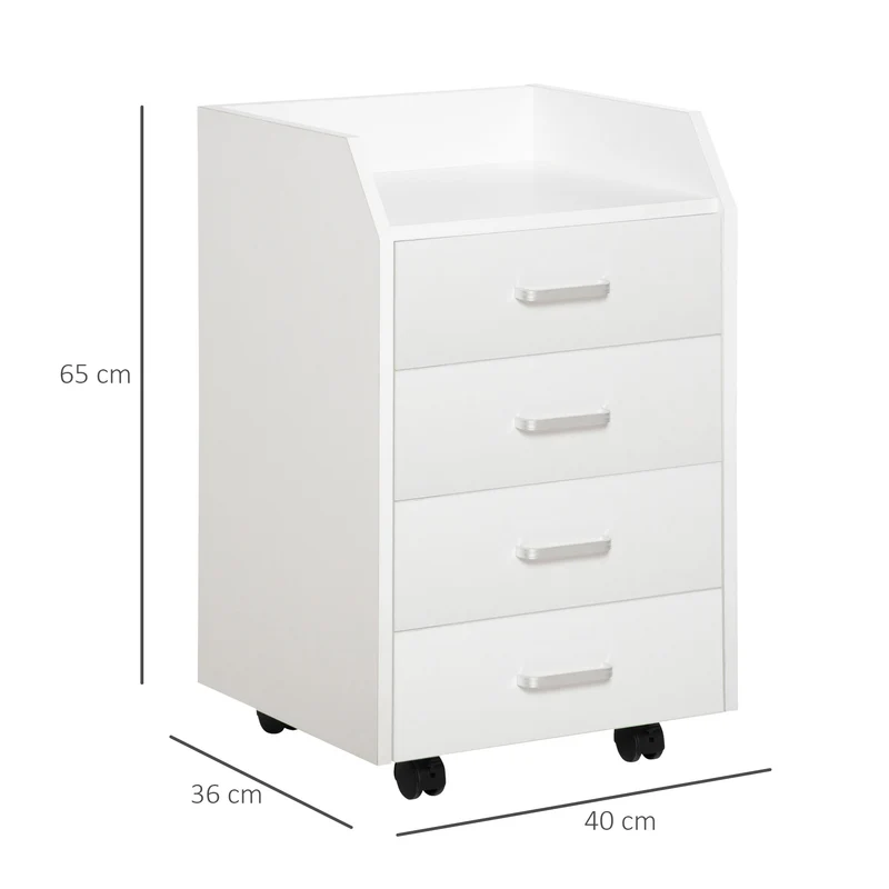 Caisson de bureau sur roulettes 40 x 36 x 65 cm 4 tiroirs montage facile poignées aluminium moderne épuré en MDF blanc 21_0006386