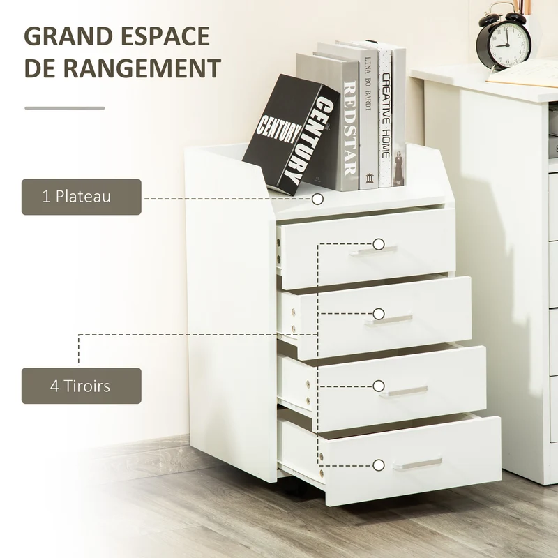 Caisson de bureau sur roulettes 40 x 36 x 65 cm 4 tiroirs montage facile poignées aluminium moderne épuré en MDF blanc 21_0006386