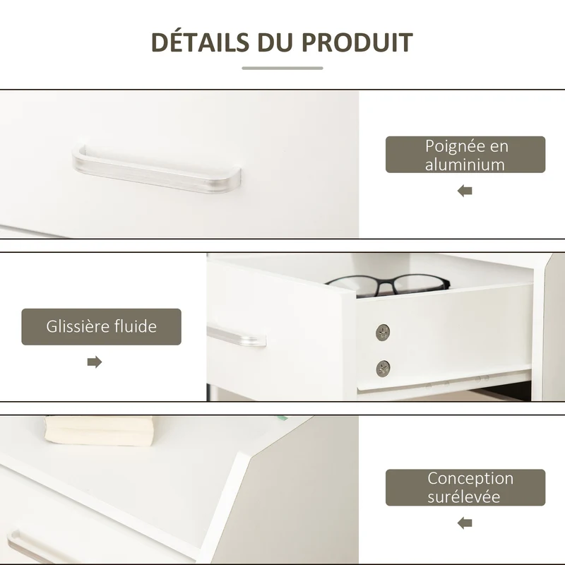 Caisson de bureau sur roulettes 40 x 36 x 65 cm 4 tiroirs montage facile poignées aluminium moderne épuré en MDF blanc 21_0006386
