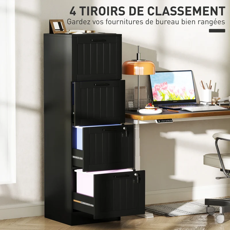 Caisson de bureau rangement 40 x 40 x 131 cm 4 tiroirs verrouillables et support imprimante moderne épuré en MDF noir 21_0006404