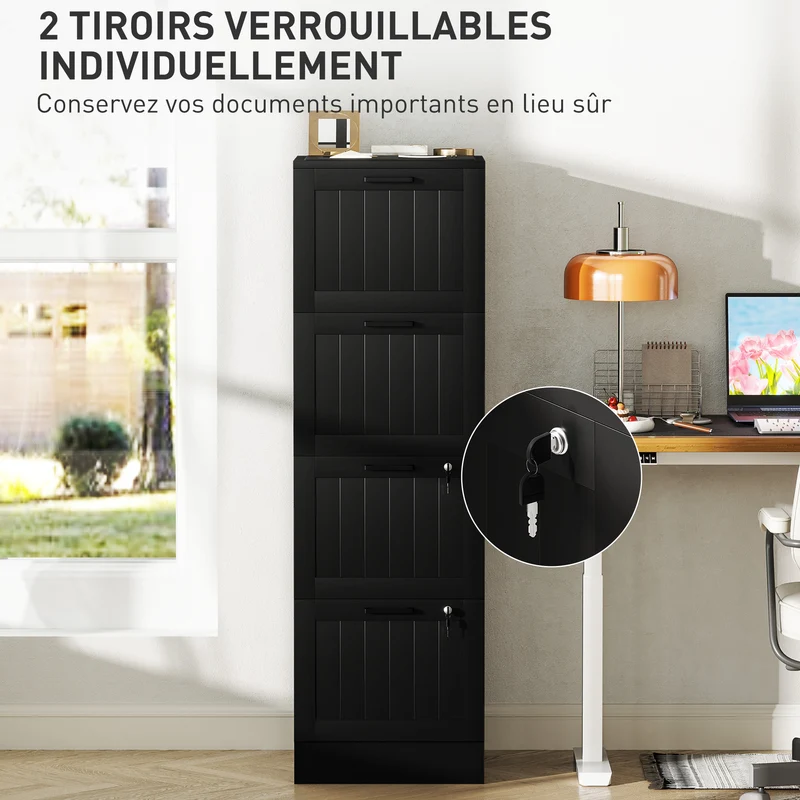 Caisson de bureau rangement 40 x 40 x 131 cm 4 tiroirs verrouillables et support imprimante moderne épuré en MDF noir 21_0006404