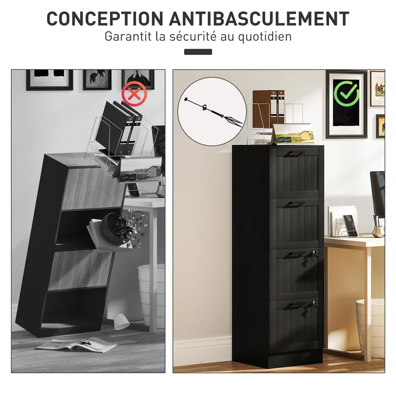 Caisson de bureau rangement 40 x 40 x 131 cm 4 tiroirs verrouillables et support imprimante moderne épuré en MDF noir 21_0006404