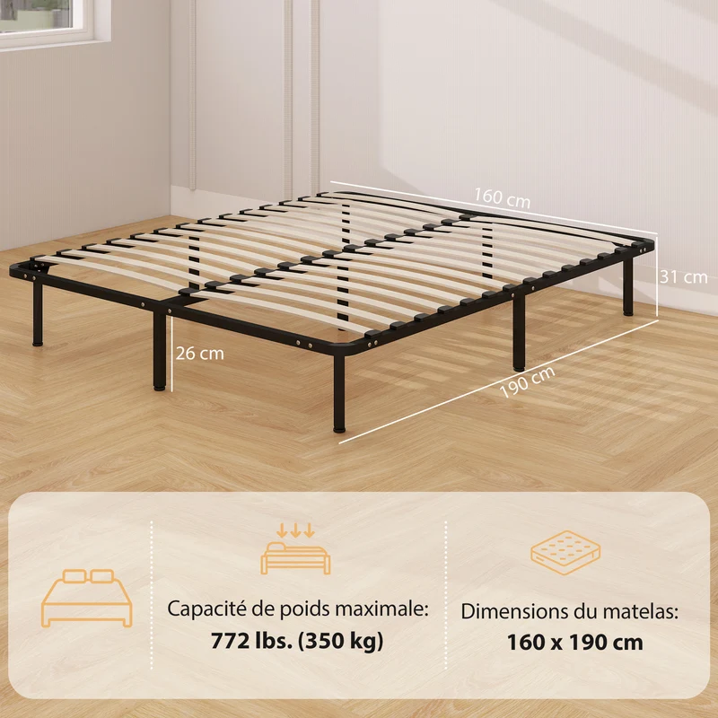 Cadre de lit 190 x 160 x 31 cm rangement sous le lit 26cm robuste support 350 kg design industriel moderne en acier noir 21_0003774