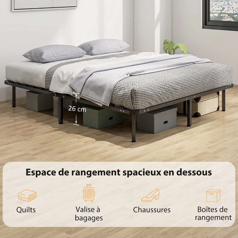 Cadre de lit 190 x 160 x 31 cm rangement sous le lit 26cm robuste support 350 kg design industriel moderne en acier noir 21_0003774