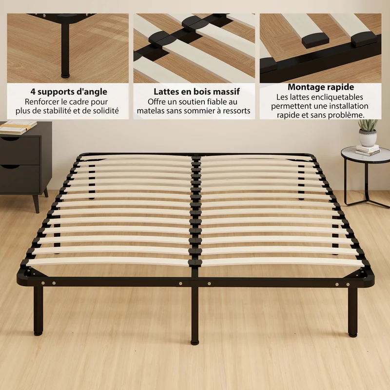 Cadre de lit 190 x 160 x 31 cm rangement sous le lit 26cm robuste support 350 kg design industriel moderne en acier noir 21_0003774