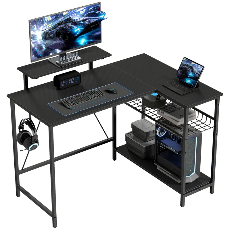 Bureau pour jeu vidéo d'angle support écran étagère réglable 114,5 x 82 x 91,5 cm moderne en panneau de particules noir 21_0002566