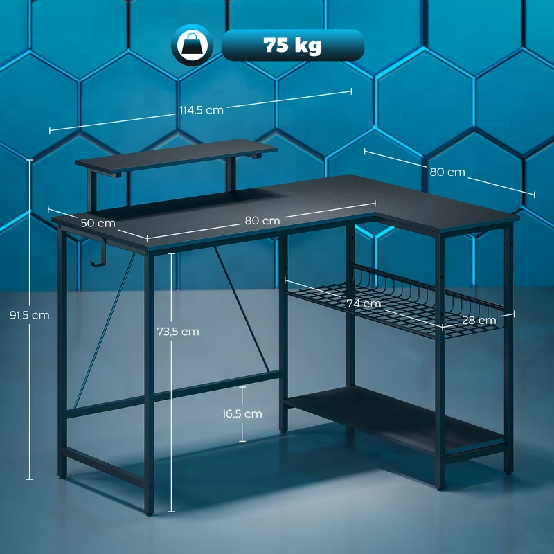 Bureau pour jeu vidéo d'angle support écran étagère réglable 114,5 x 82 x 91,5 cm moderne en panneau de particules noir 21_0002566