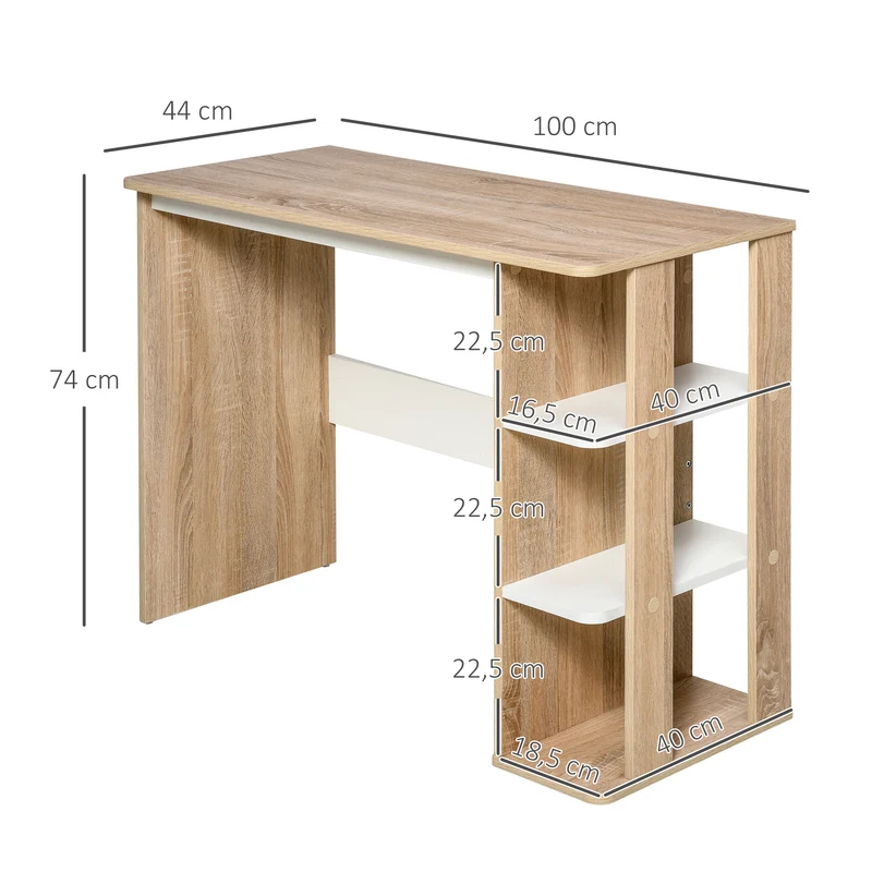 Bureau informatique 100 x 44 x 74 cm 3 étagères rangement optimisé moderne épuré en panneaux de particules chêne clair 21_0002440