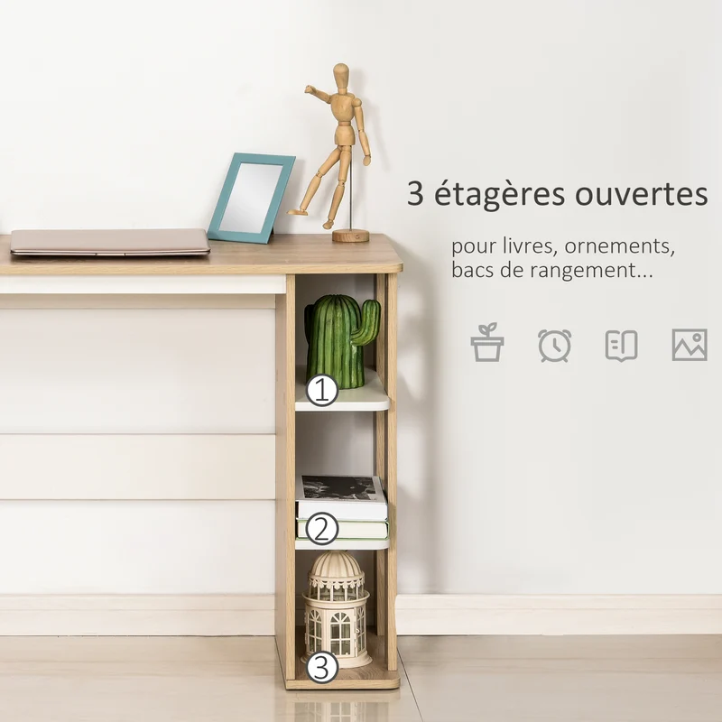Bureau informatique 100 x 44 x 74 cm 3 étagères rangement optimisé moderne épuré en panneaux de particules chêne clair 21_0002440