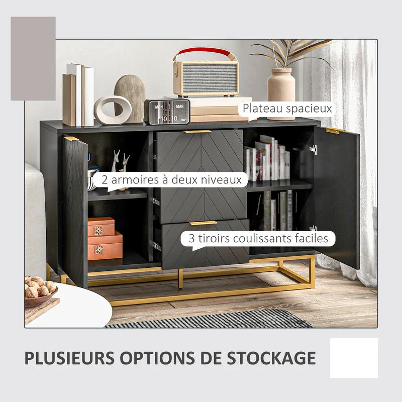 Buffet de salle à manger 120 x 40 x 76 cm rangement modulable grand volume utile contemporain graphique en MDF noir 21_0002625