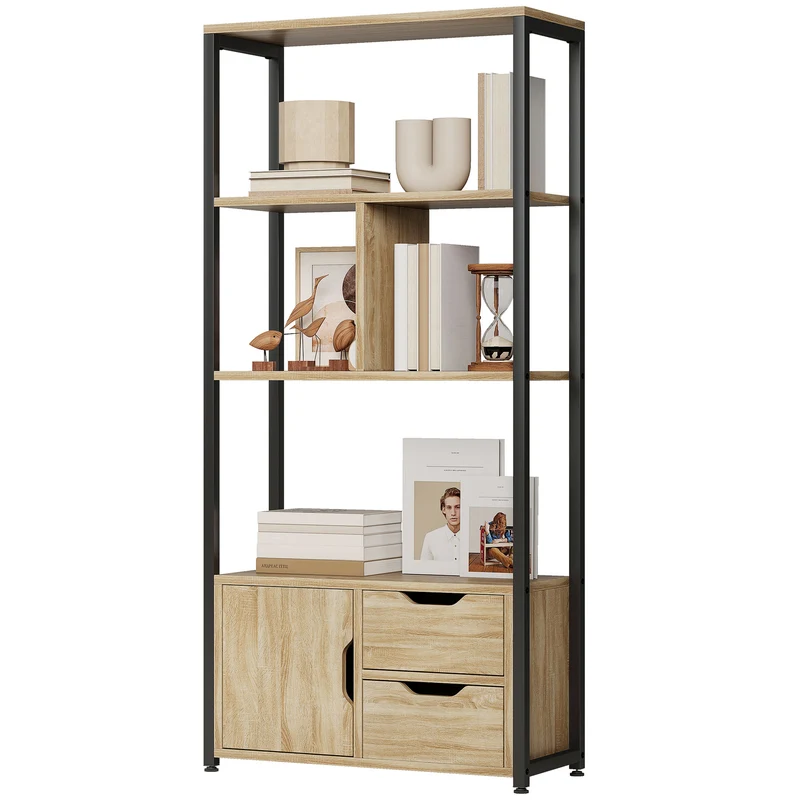 Bibliothèque séparateur de pièce 58 x 24 x 122 cm 3 étagères placard 2 tiroirs rangement industriel en bois naturel 21_0002838