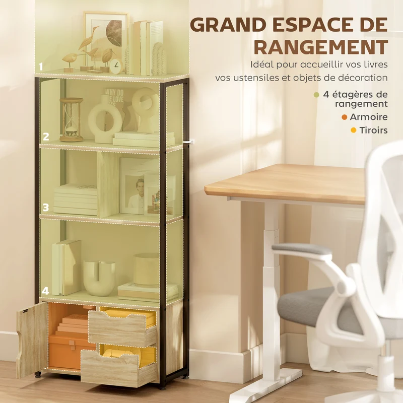 Bibliothèque séparateur de pièce 58 x 24 x 122 cm 3 étagères placard 2 tiroirs rangement industriel en bois naturel 21_0002838