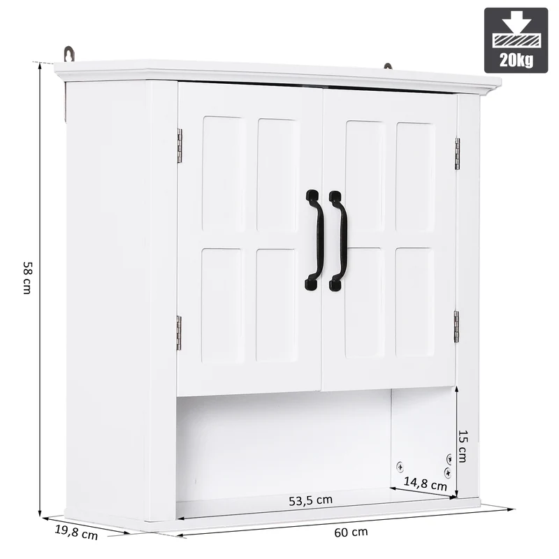 Armoire haute murale de salle de bain 60 x 20 x 58 cm rangement 2 portes 2 étagères niche style classique en MDF blanc 21_0000981