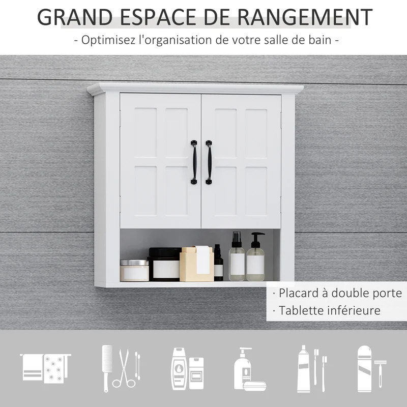 Armoire haute murale de salle de bain 60 x 20 x 58 cm rangement 2 portes 2 étagères niche style classique en MDF blanc 21_0000981