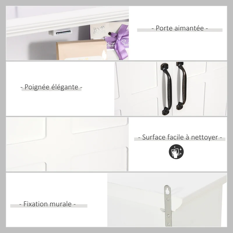 Armoire haute murale de salle de bain 60 x 20 x 58 cm rangement 2 portes 2 étagères niche style classique en MDF blanc 21_0000981