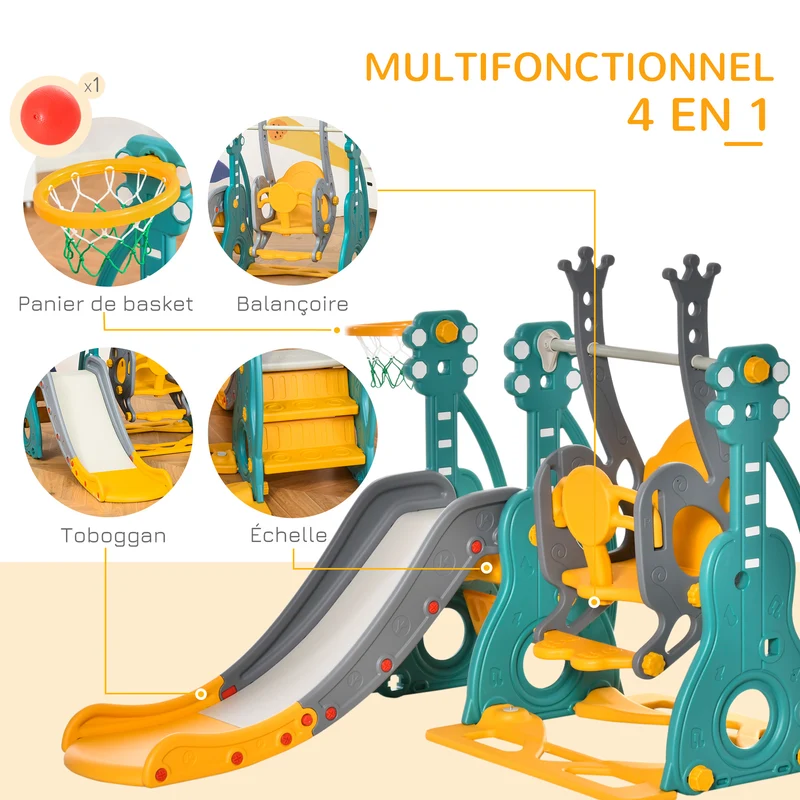 Aire de jeux 4 en 1 enfants toboggan balançoire panier 152 x 149 x 107 cm sécurisée évolutive moderne épuré en PP bleu 21_0000291