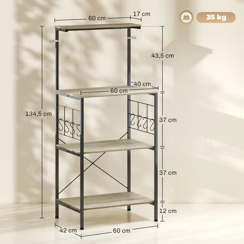 Étagère micro-ondes 60 x 42 x 134,5 cm plan de travail spacieux stable style industriel en panneau de particules chêne 21_0001057