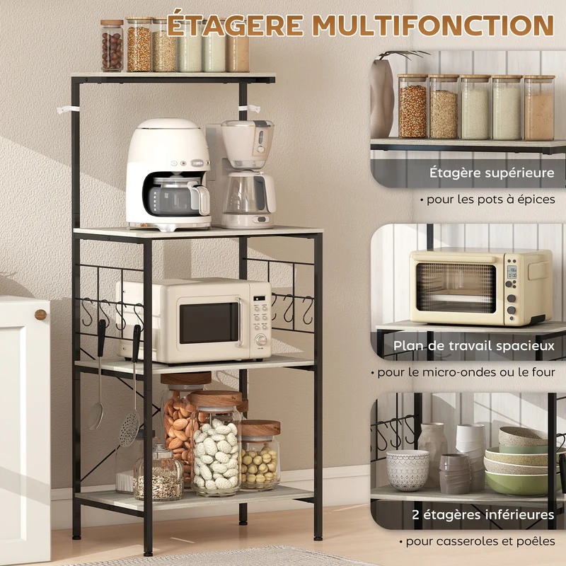 Étagère micro-ondes 60 x 42 x 134,5 cm plan de travail spacieux stable style industriel en panneau de particules chêne 21_0001057