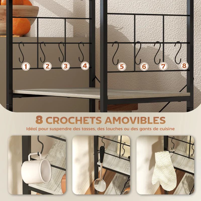 Étagère micro-ondes 60 x 42 x 134,5 cm plan de travail spacieux stable style industriel en panneau de particules chêne 21_0001057