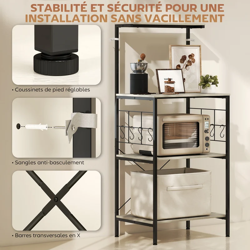 Étagère micro-ondes 60 x 42 x 134,5 cm plan de travail spacieux stable style industriel en panneau de particules chêne 21_0001057