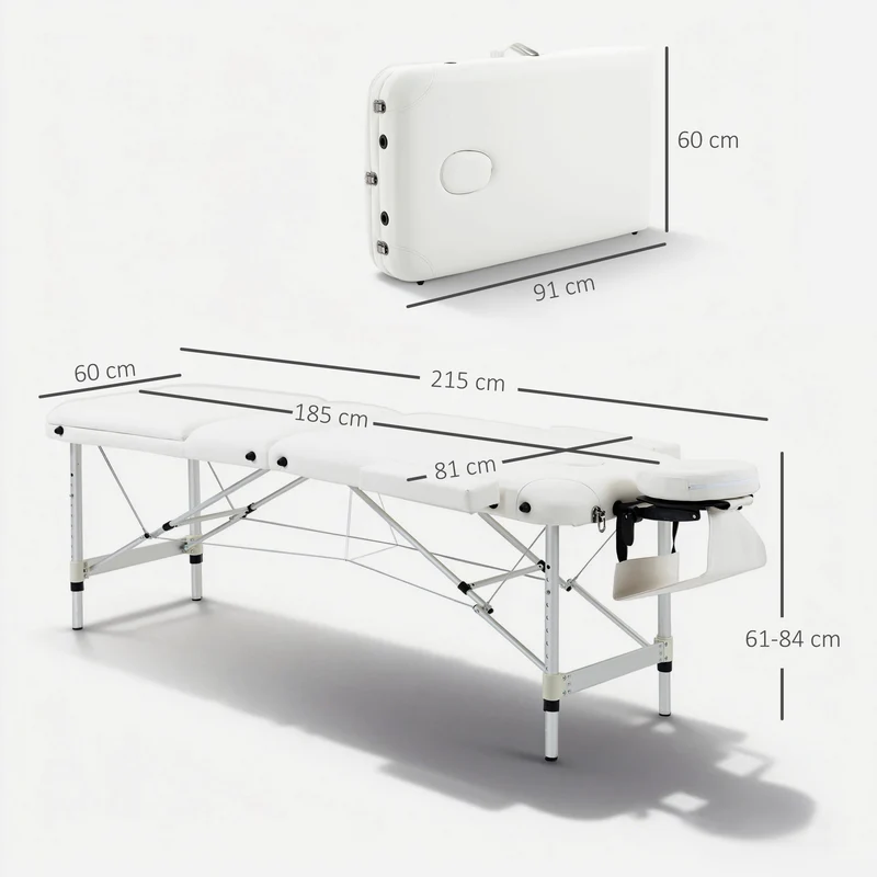 Table de massage pliante 3 zones 215 x 81 x 84 cm hauteur réglable charge 225 kg épuré en alliage d'aluminium blanc 21_0000806