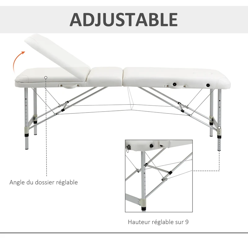 Table de massage pliante 3 zones 215 x 81 x 84 cm hauteur réglable charge 225 kg épuré en alliage d'aluminium blanc 21_0000806