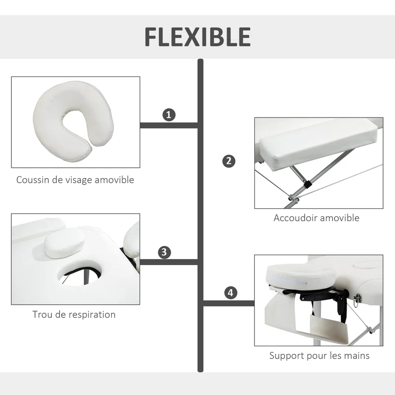 Table de massage pliante 3 zones 215 x 81 x 84 cm hauteur réglable charge 225 kg épuré en alliage d'aluminium blanc 21_0000806