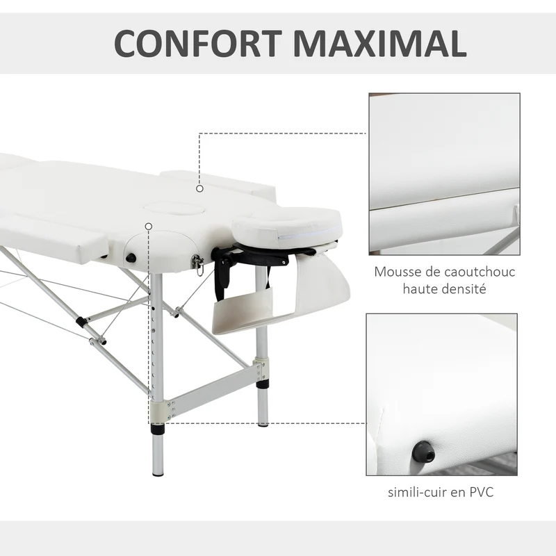 Table de massage pliante 3 zones 215 x 81 x 84 cm hauteur réglable charge 225 kg épuré en alliage d'aluminium blanc 21_0000806
