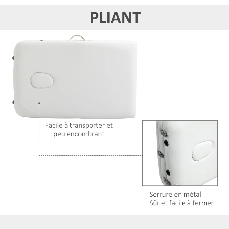 Table de massage pliante 3 zones 215 x 81 x 84 cm hauteur réglable charge 225 kg épuré en alliage d'aluminium blanc 21_0000806