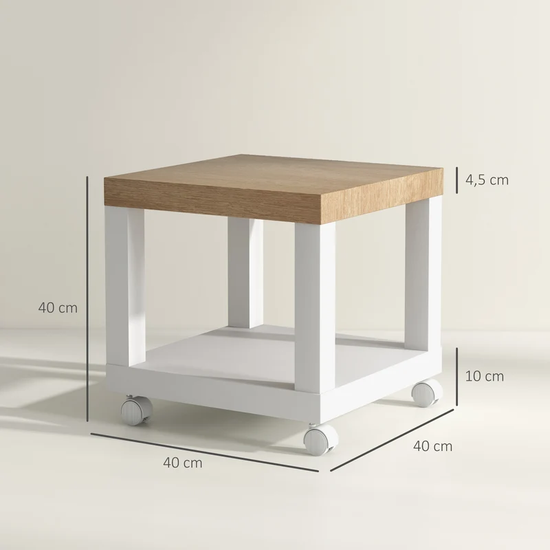Table d'appoint roulante salon polyvalente 40 x 40 x 40 cm avec étagère ouverte et roulettes contemporain en MDF chêne 21_0001786
