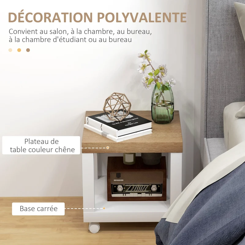 Table d'appoint roulante salon polyvalente 40 x 40 x 40 cm avec étagère ouverte et roulettes contemporain en MDF chêne 21_0001786