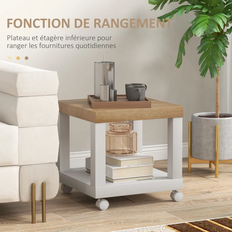 Table d'appoint roulante salon polyvalente 40 x 40 x 40 cm avec étagère ouverte et roulettes contemporain en MDF chêne 21_0001786