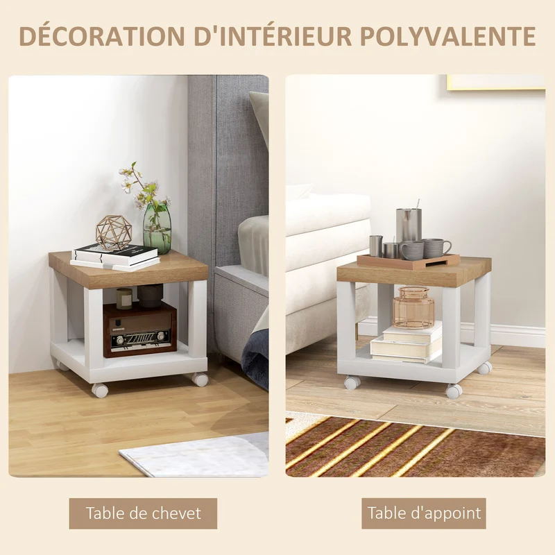 Table d'appoint roulante salon polyvalente 40 x 40 x 40 cm avec étagère ouverte et roulettes contemporain en MDF chêne 21_0001786