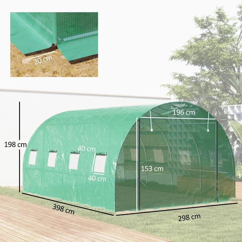 Serre tunnel de jardin 298 x 398 x 198 cm porte enroulable aération naturelle finition mate moderne épuré en pe vert 21_0005520