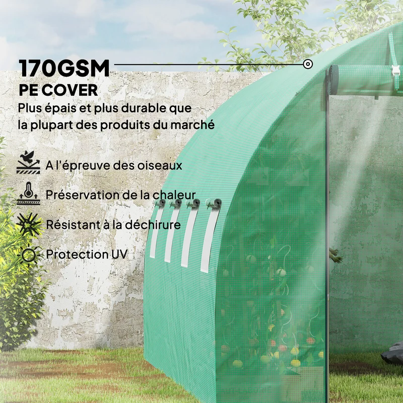 Serre tunnel de jardin 298 x 398 x 198 cm porte enroulable aération naturelle finition mate moderne épuré en pe vert 21_0005520